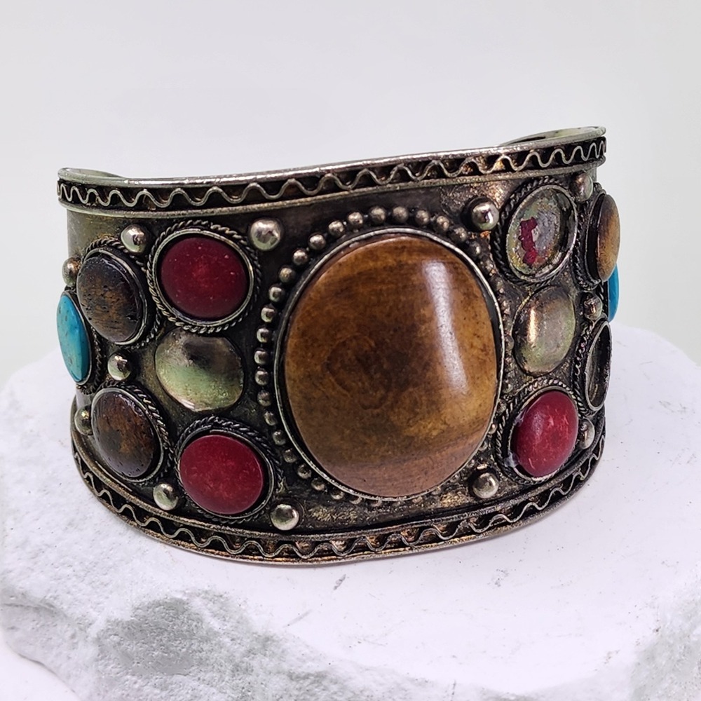 Mixed Cabochon Wide Cuff Bracelet Turquoise Tone Red Brown Vintage Statement